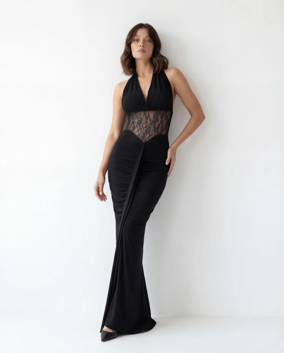 Dantel Detaylı Siyah Uzun Elbise