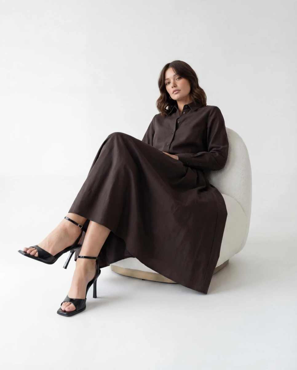 Kahverengi Uzun Gömlek Elbise