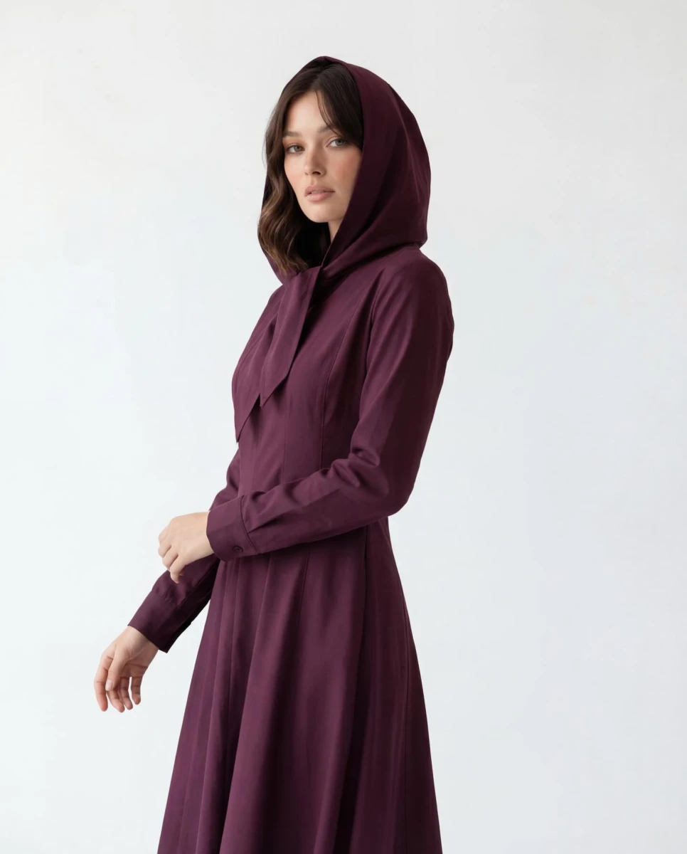 Kapüşonlu Bordo Elbise