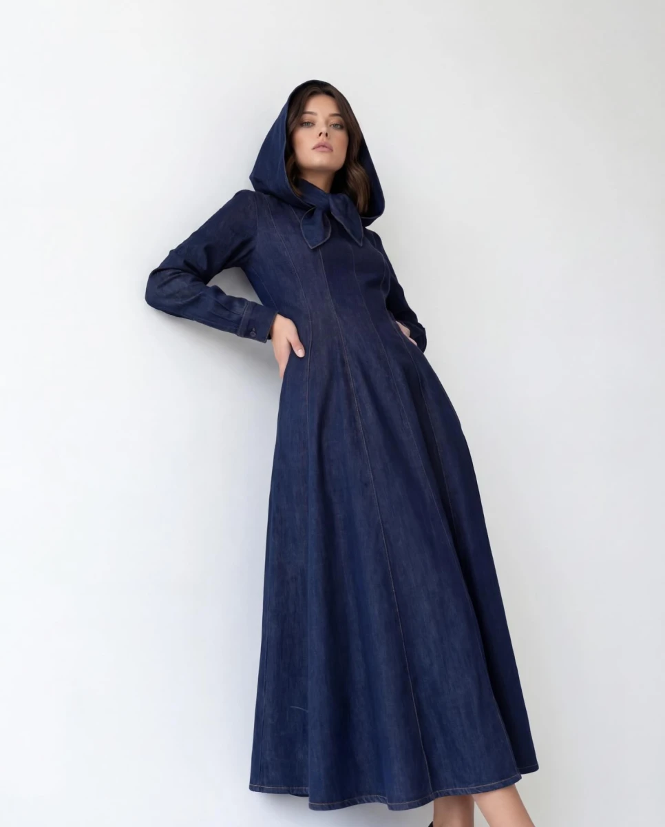 Kapüşonlu Mavi Jean Elbise