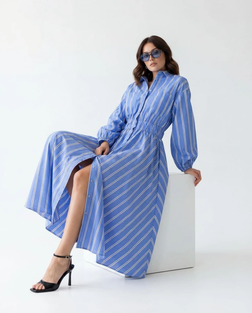 Mavi Çizgili Uzun Elbise