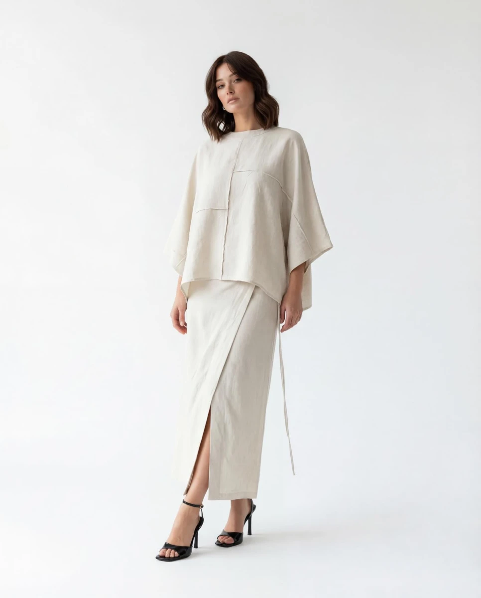 Şık Bej Keten Elbise