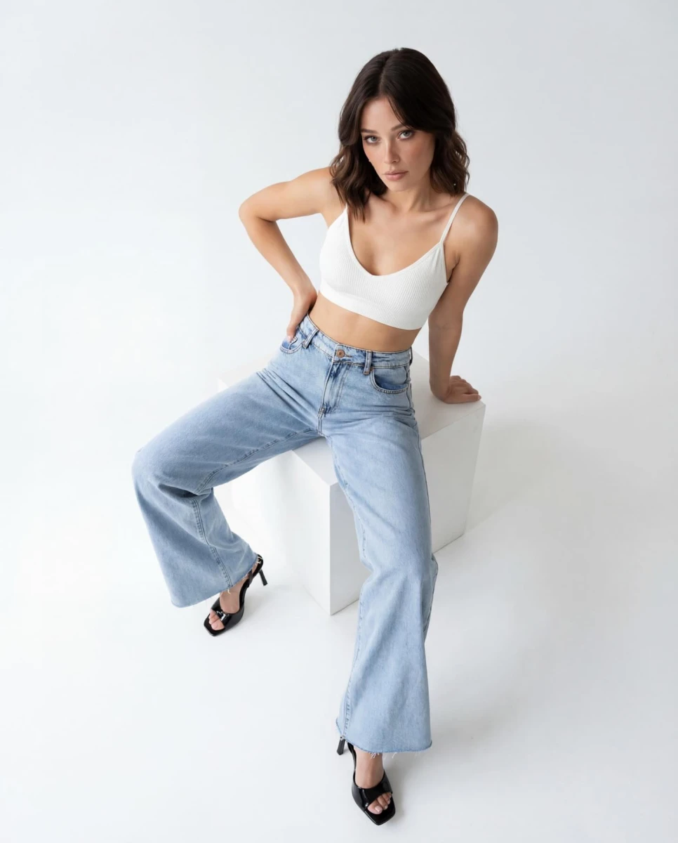 Yüksek Bel Geniş Paça Jean Pantolon