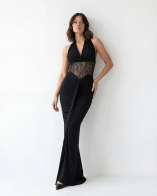 Dantel Detaylı Siyah Uzun Elbise