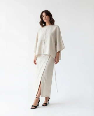 Şık Bej Keten Elbise